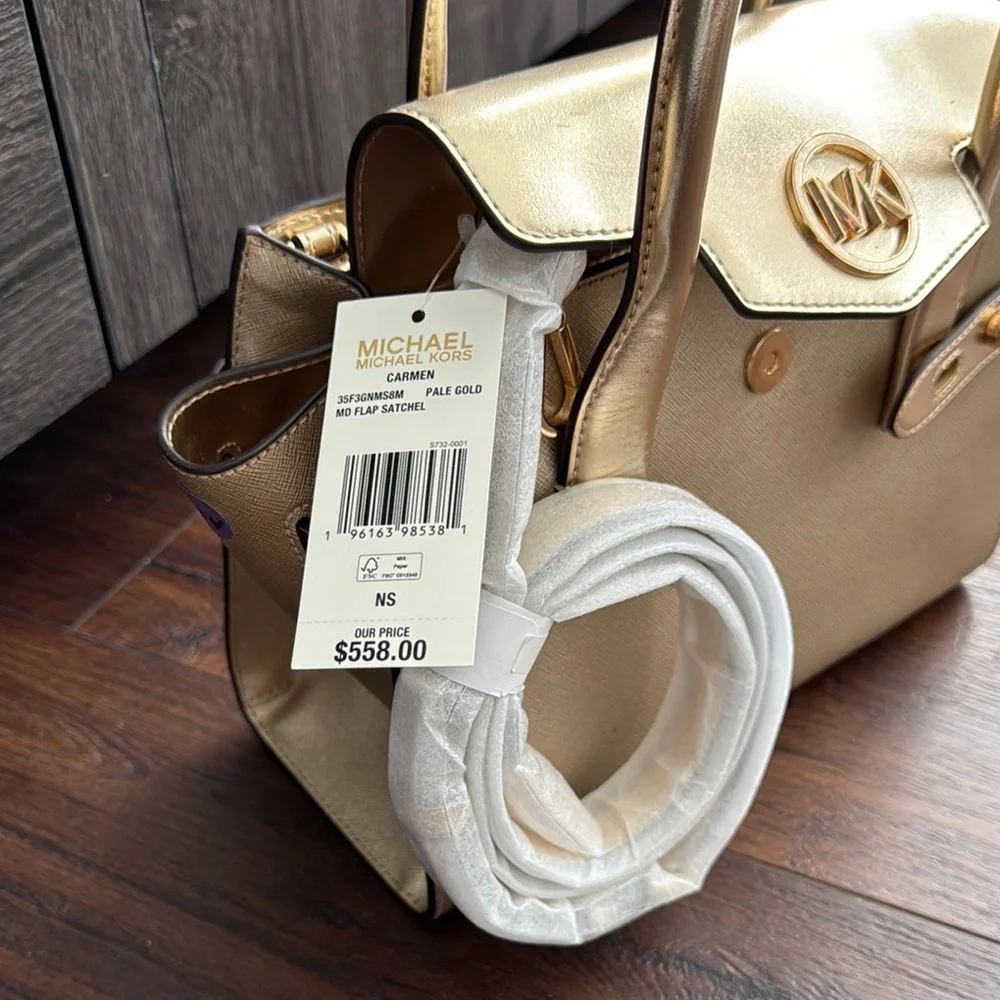 Michael Kors NWT Carmen Medium Metallic belted Gold Satchel Handbag - Picture 6 of 14